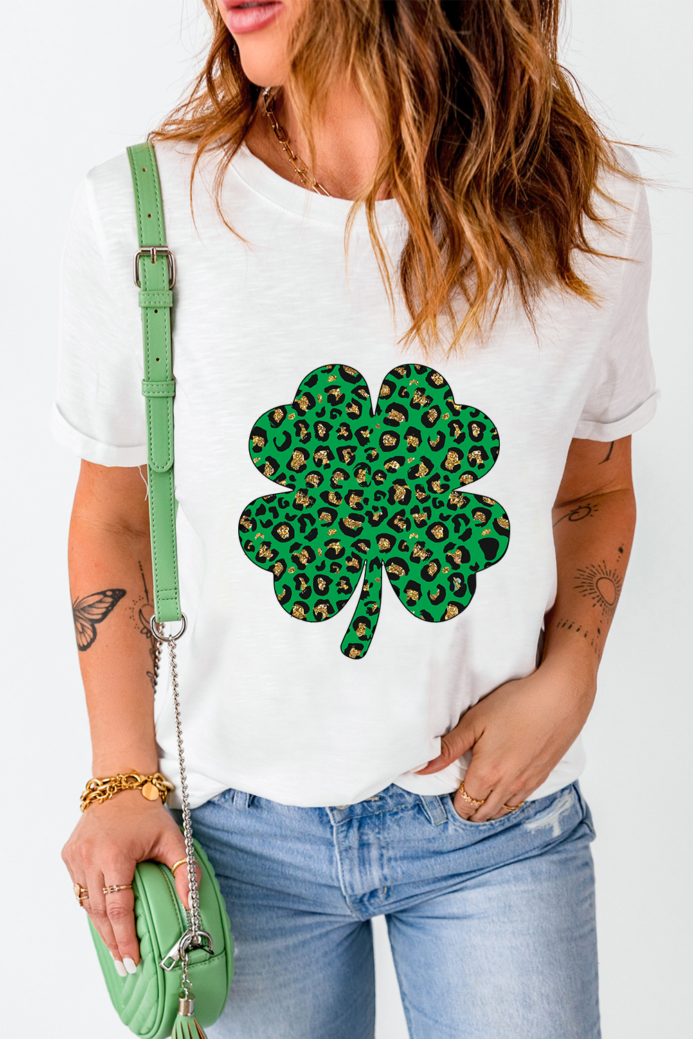 Black St. Patricks Lucky Clover Print O Neck T Shirt