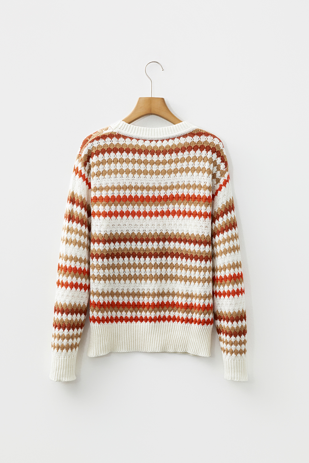 Brown Stripe Eyelet Patterned Drop Shoulder Sweater