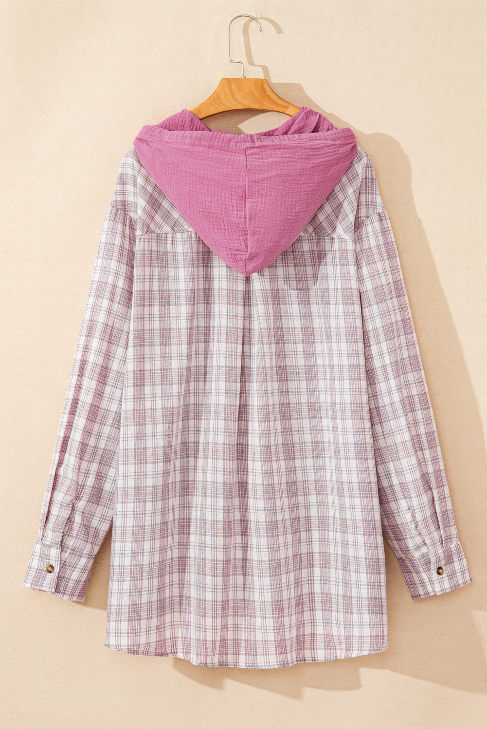 Khaki Checkered Print Loose Fit Buttoned Hooded Shacket