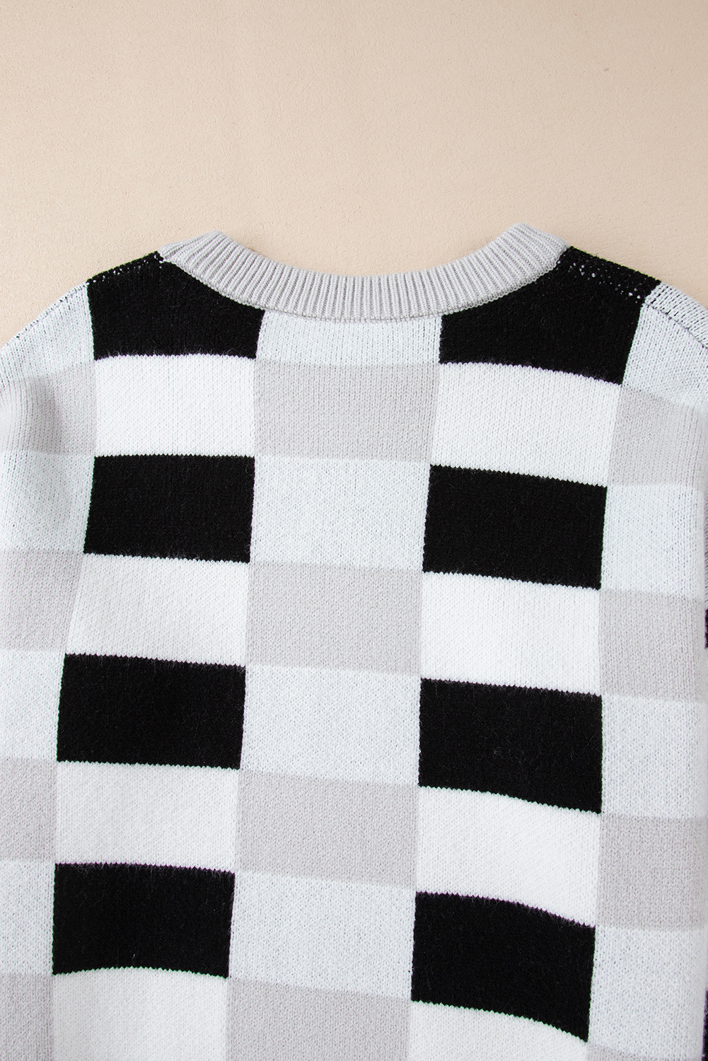 Khaki Checkered Ribbed Edge O Neck Drop Shoulder Sweater