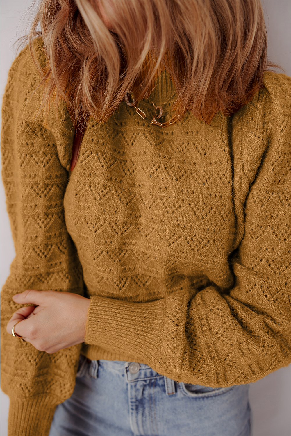 Jurassic Gold Hollow Out Crochet Ribbed Edge Balloon Sleeve Sweater