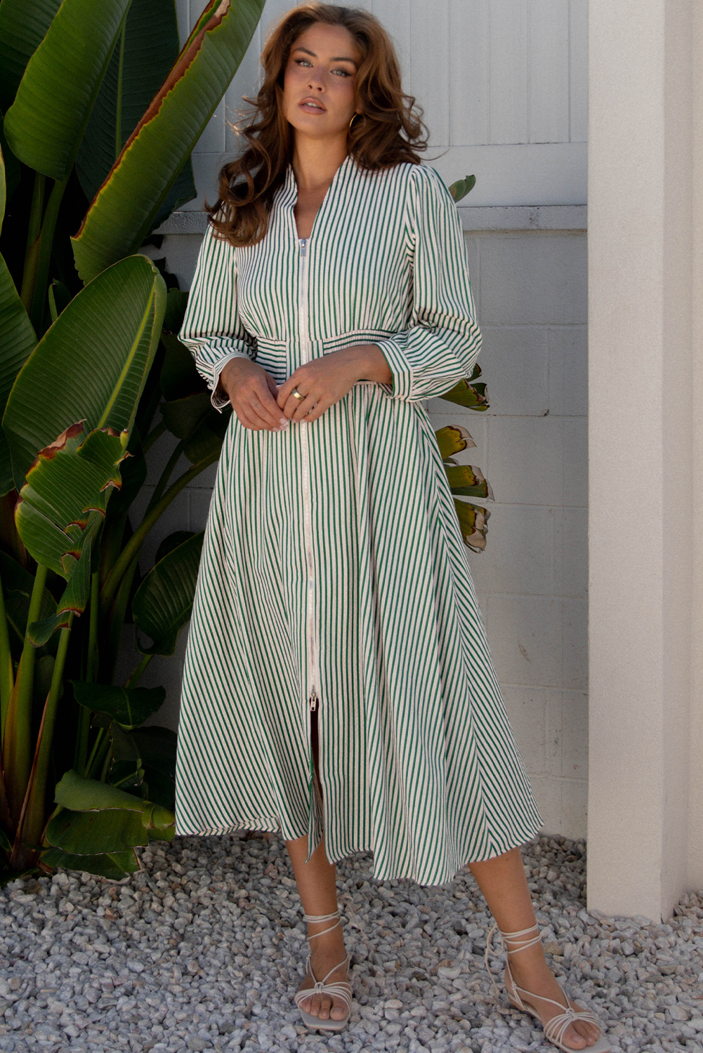 Coffee Plaid Print Full Zipper Cinched Waist Fit Flare Sleeveless Maxi Dress