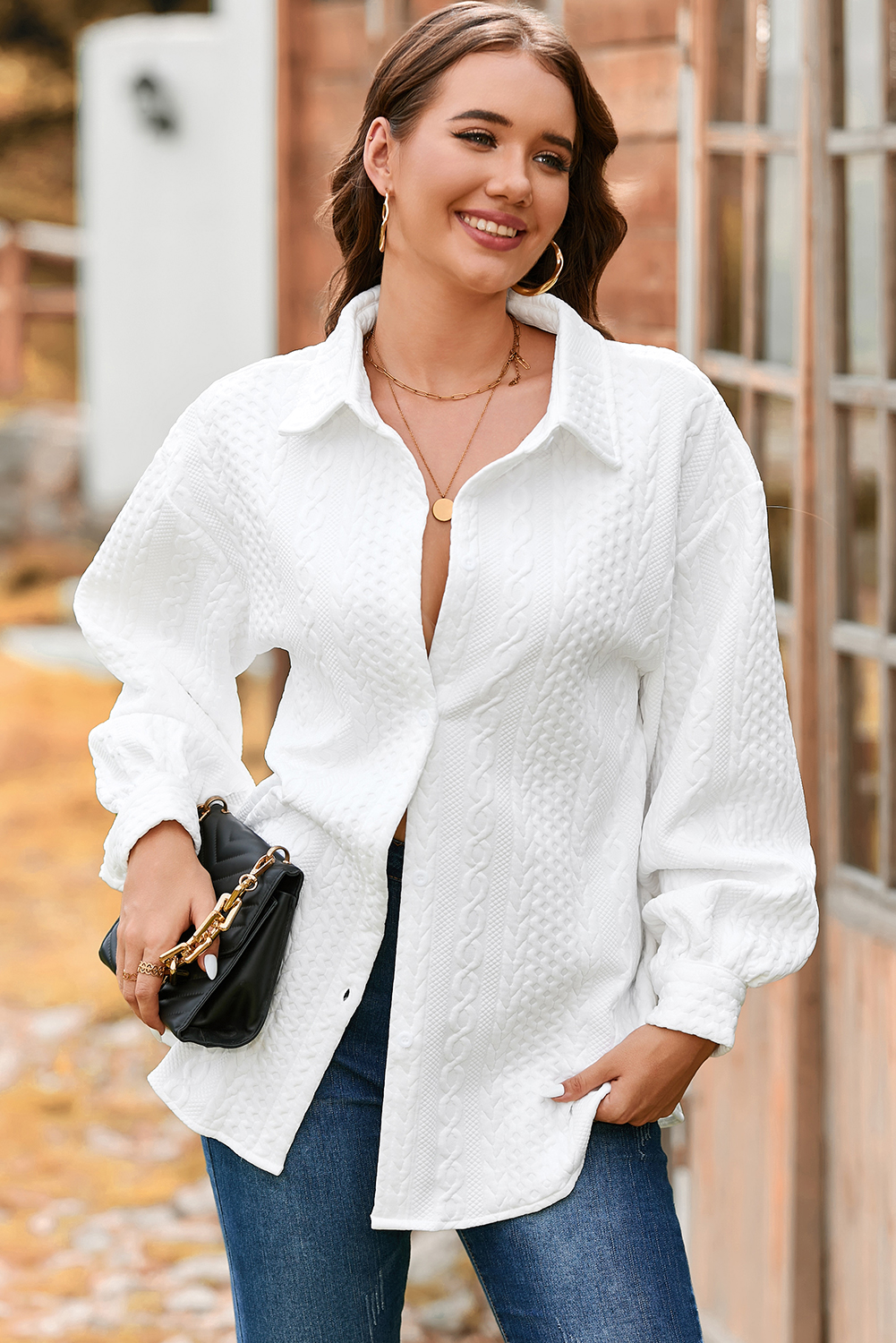 Sepia Rose Cable Texture Puff Sleeve Loose Shacket
