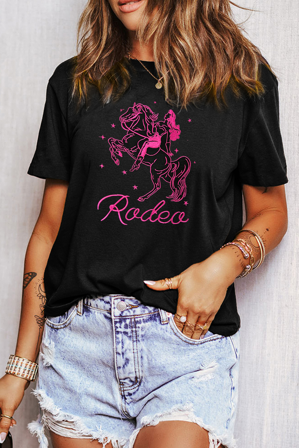 Black Cowgirl Rodeo Embroidered Pattern Western Fashion Tee