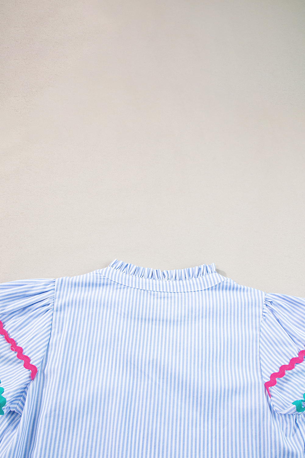 Sky Blue Stripe Ricrac Trim Split Neck Striped Ruffled Sleeve Blouse