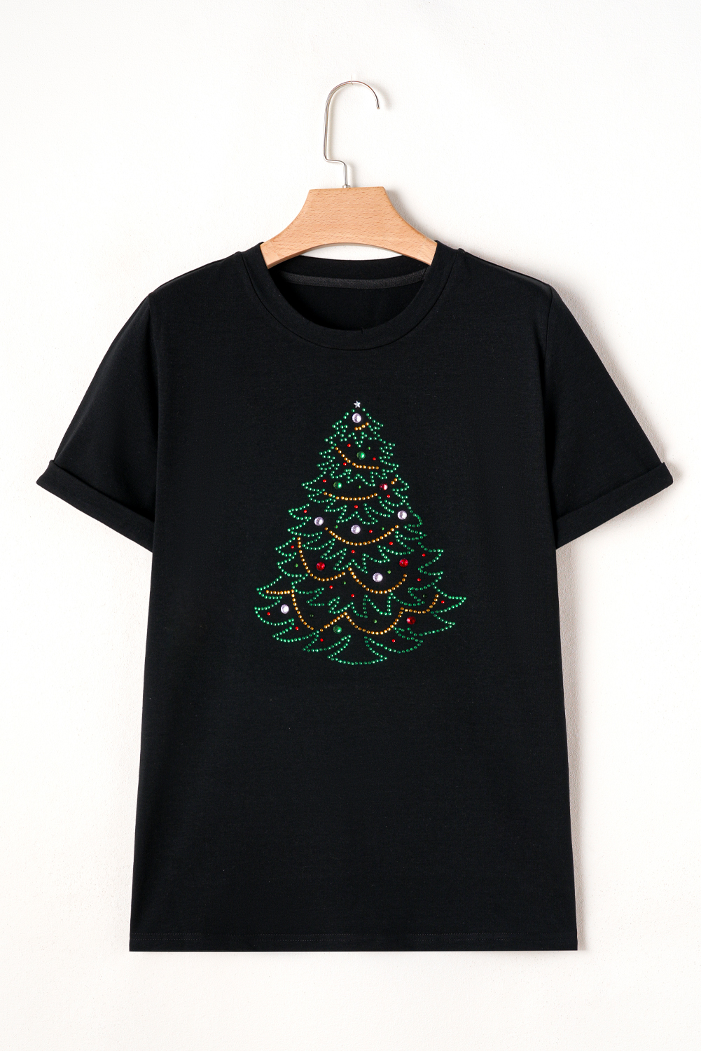 Black Rhinestone Christmas Tree Round Neck Graphic Tee