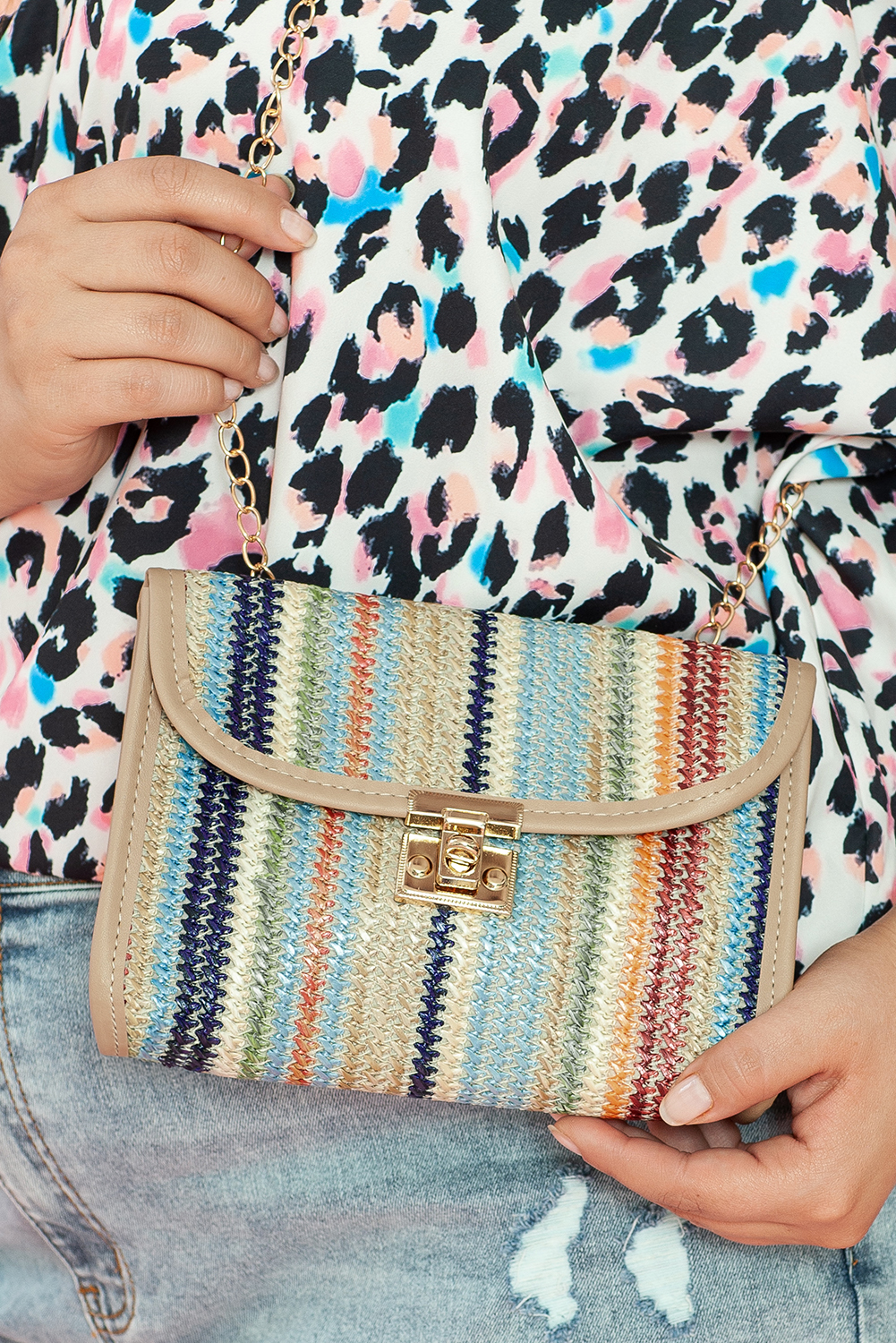 Iceland Blue Striped Crochet Flapped Single Shoulder Bag