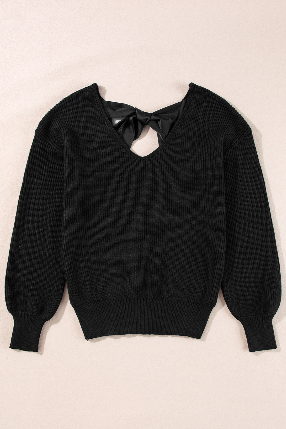 Racing Red Lantern Sleeve V Neck Knot Back Sweater