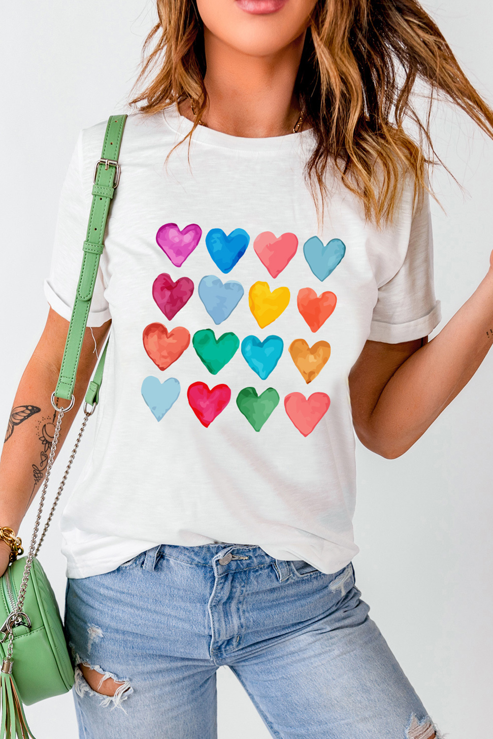 Red Leopard Striped Heart Shaped Print Crew Neck T Shirt