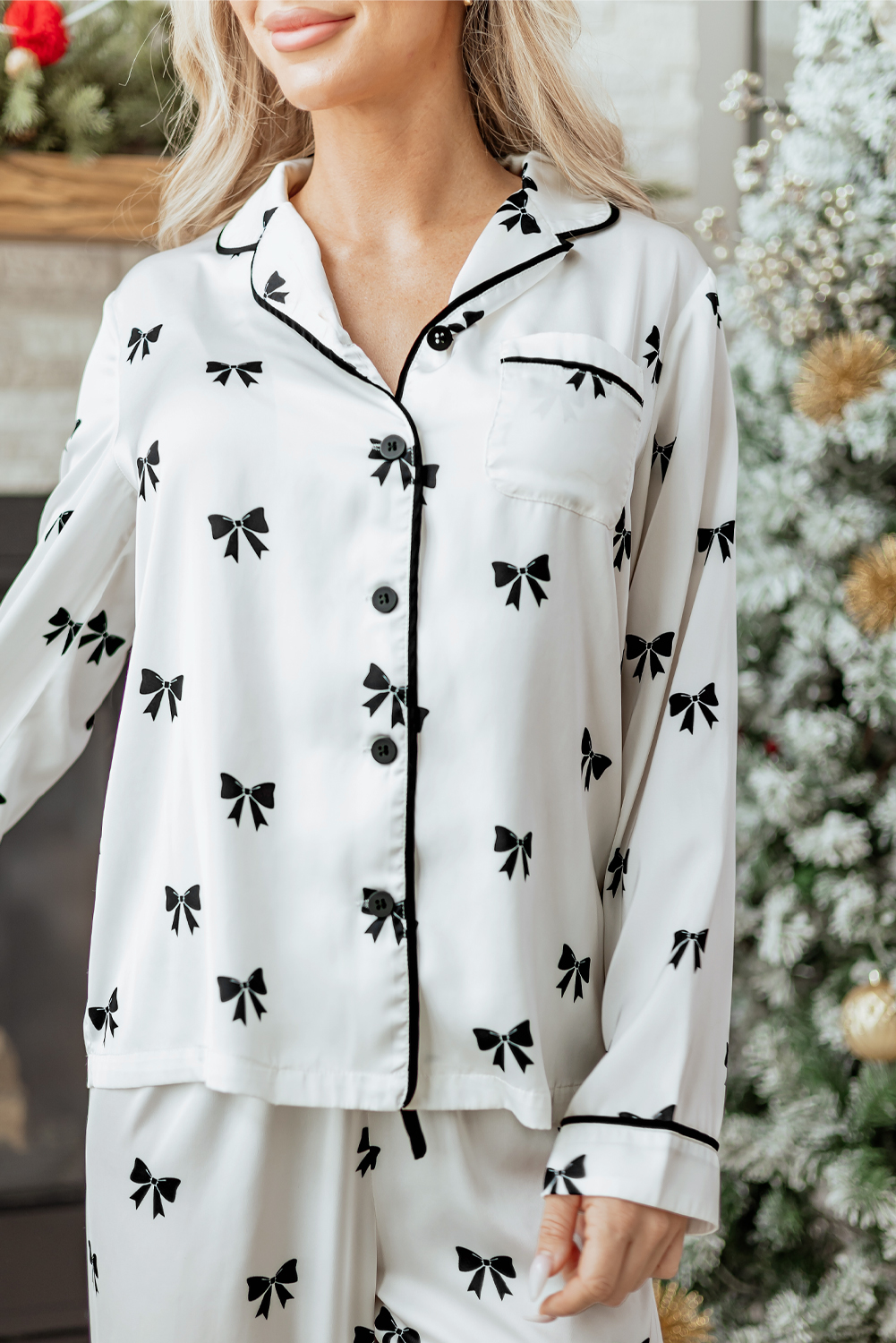 White Bows Print Two Piece Sleepwear
