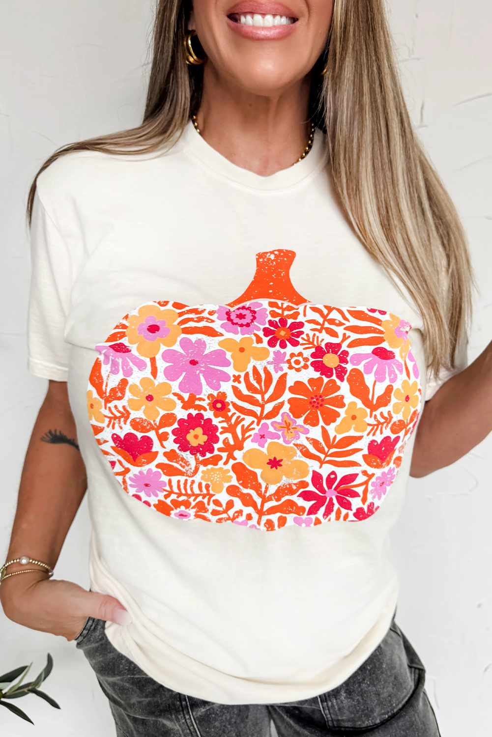 White Floral Pumpkin Cracking Print Thanksgiving Fashion T Shirt