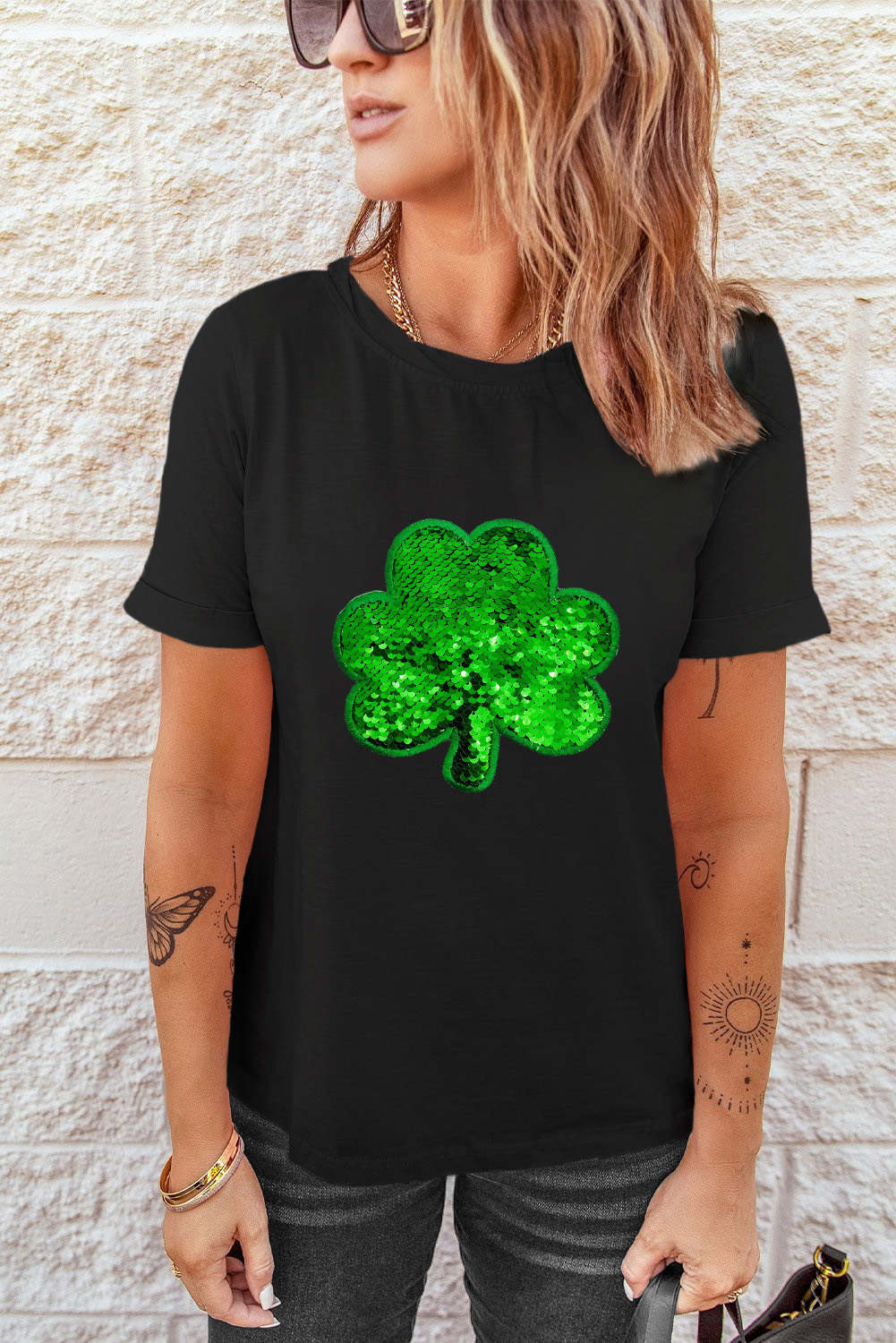 Black St. Patricks Lucky Clover Print O Neck T Shirt