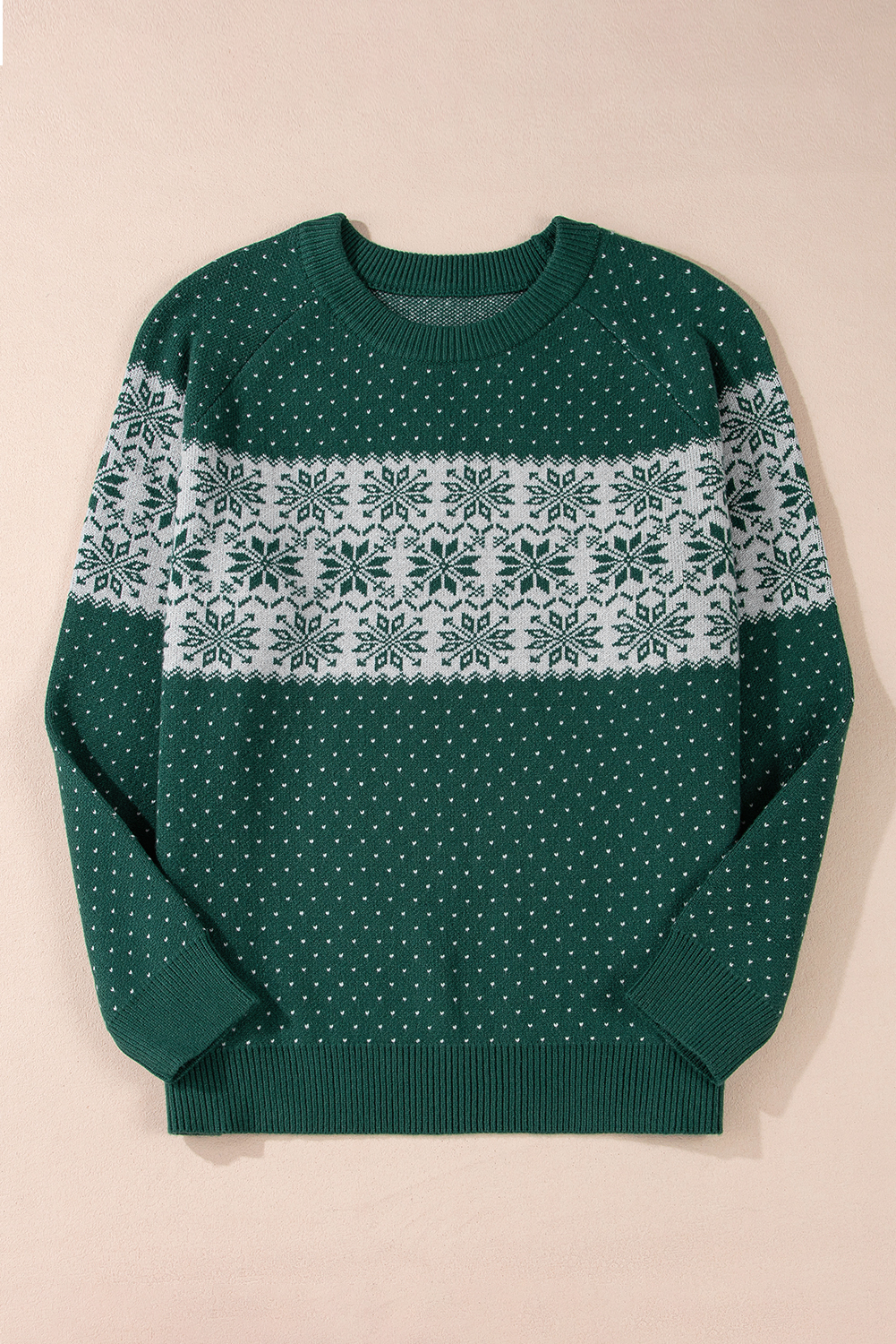 Green Christmas Snowflake Dotted Print Round Neck Sweater