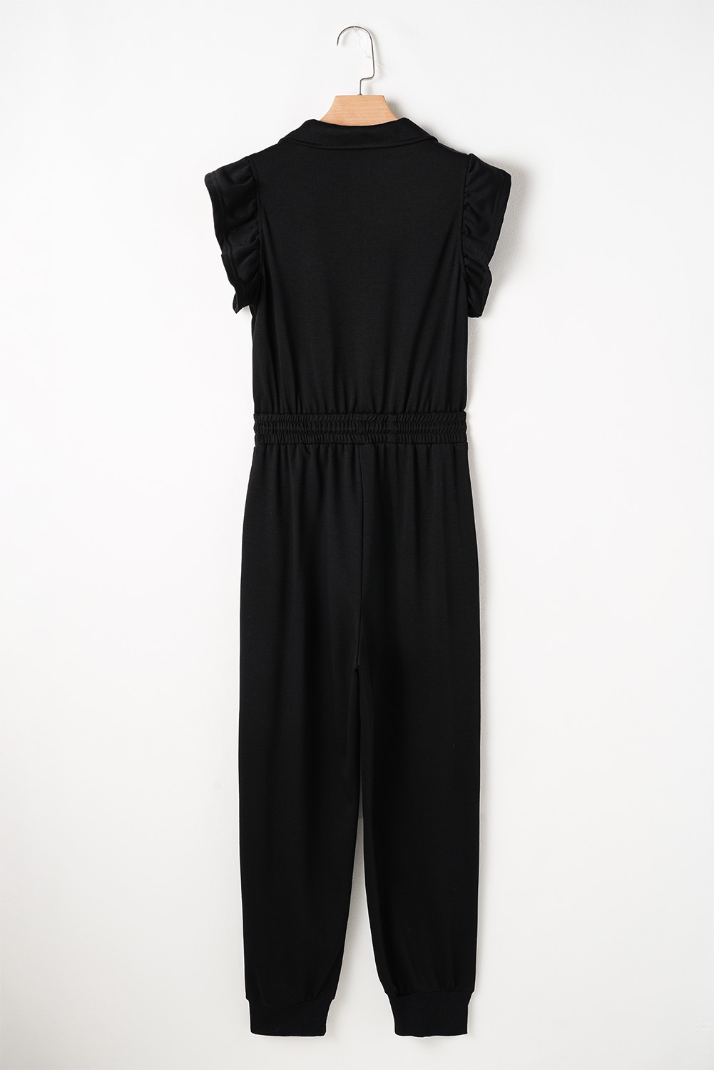 Black Zipper Flutter Sleeve Drawstring Elastic Waistband Jumpsuit