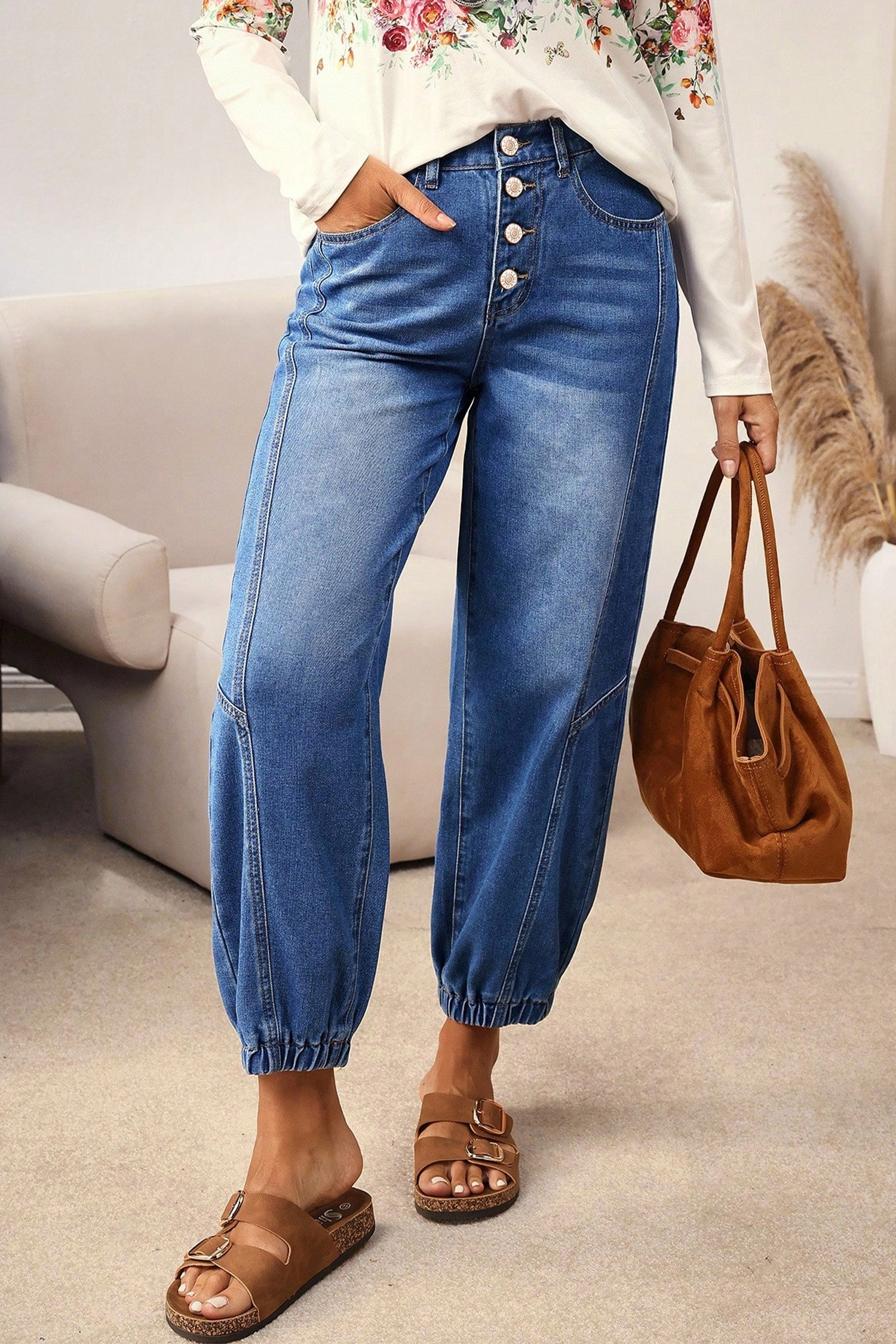 Dusk Blue Loose Straight Leg Cropped High Waist Jeans