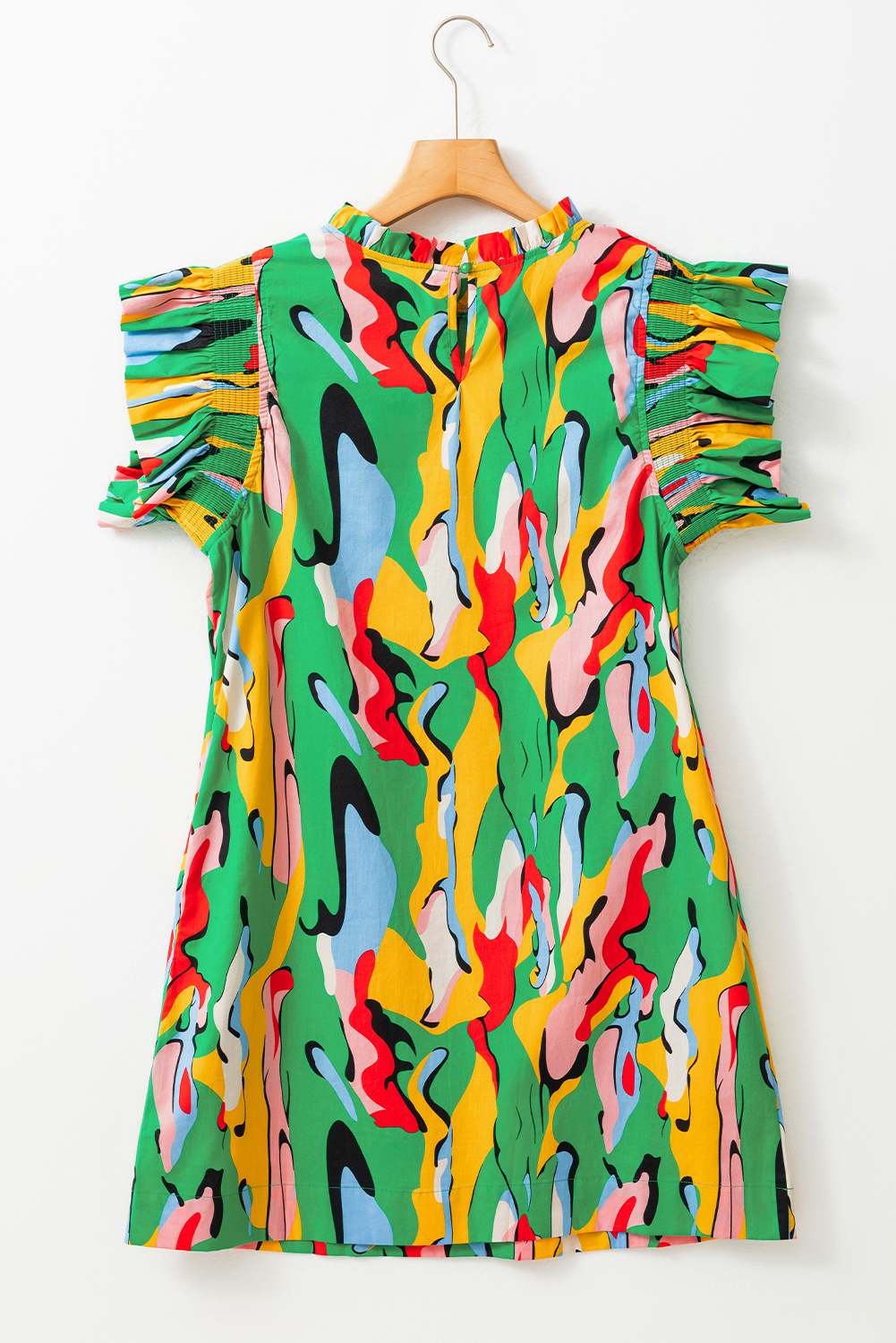 Green Abstract Print Frilled Neck Ruffled Sleeve Mini Dress
