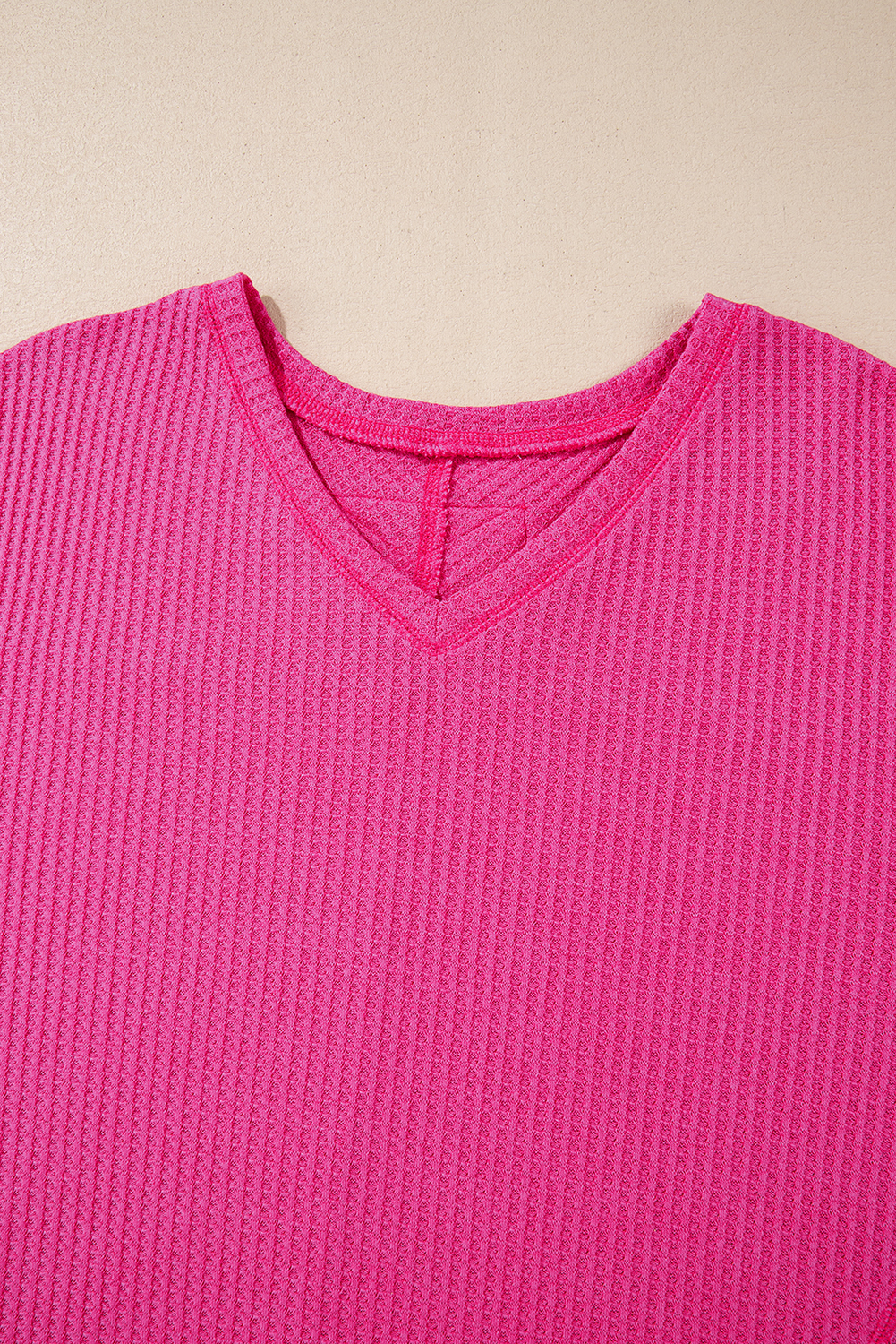 Light Pink Waffle V Neck Long Sleeve Drop Shoulder Loose Blouse
