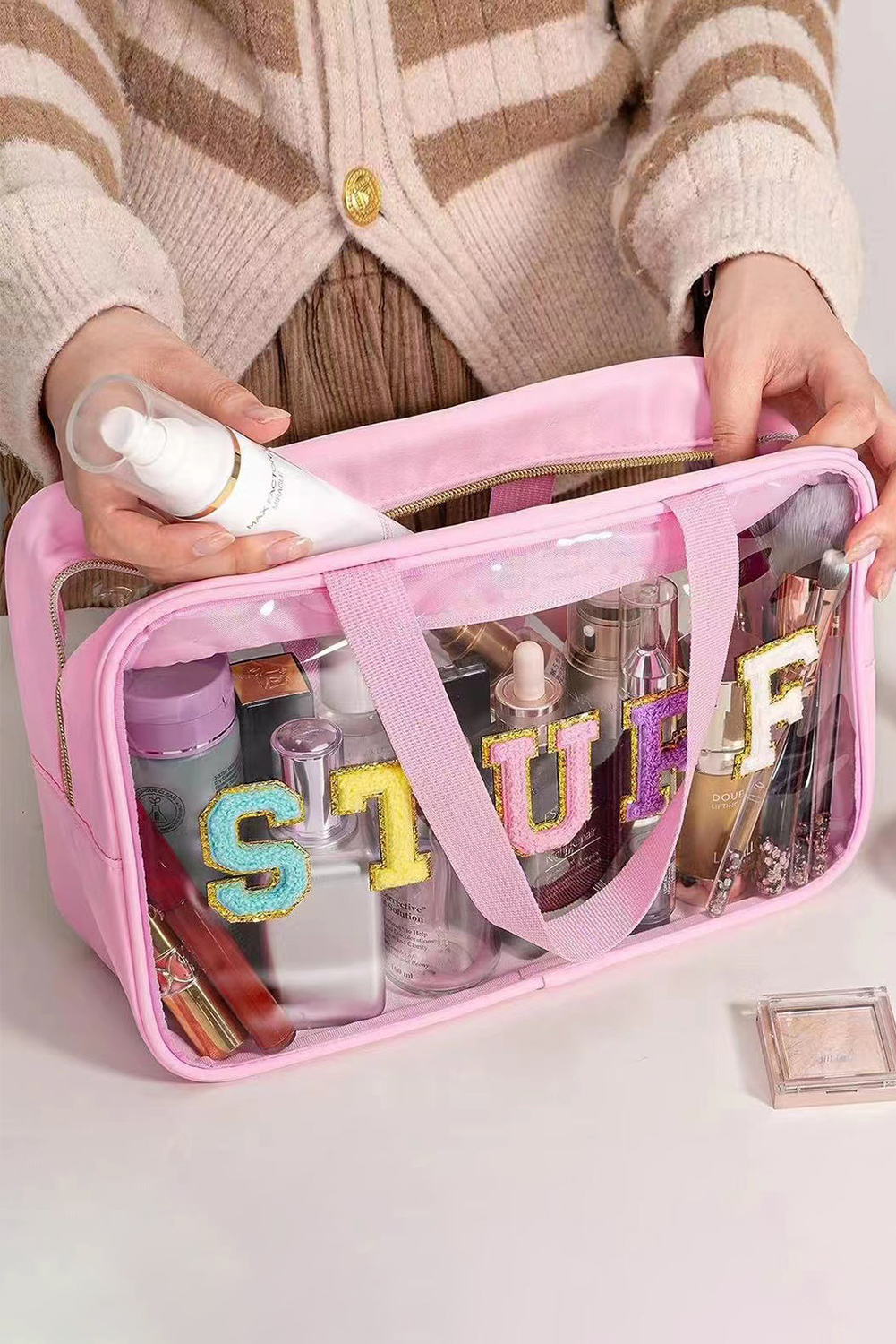 Light Pink TRAVEL Chenille Letter Clear PVC Makeup Bag