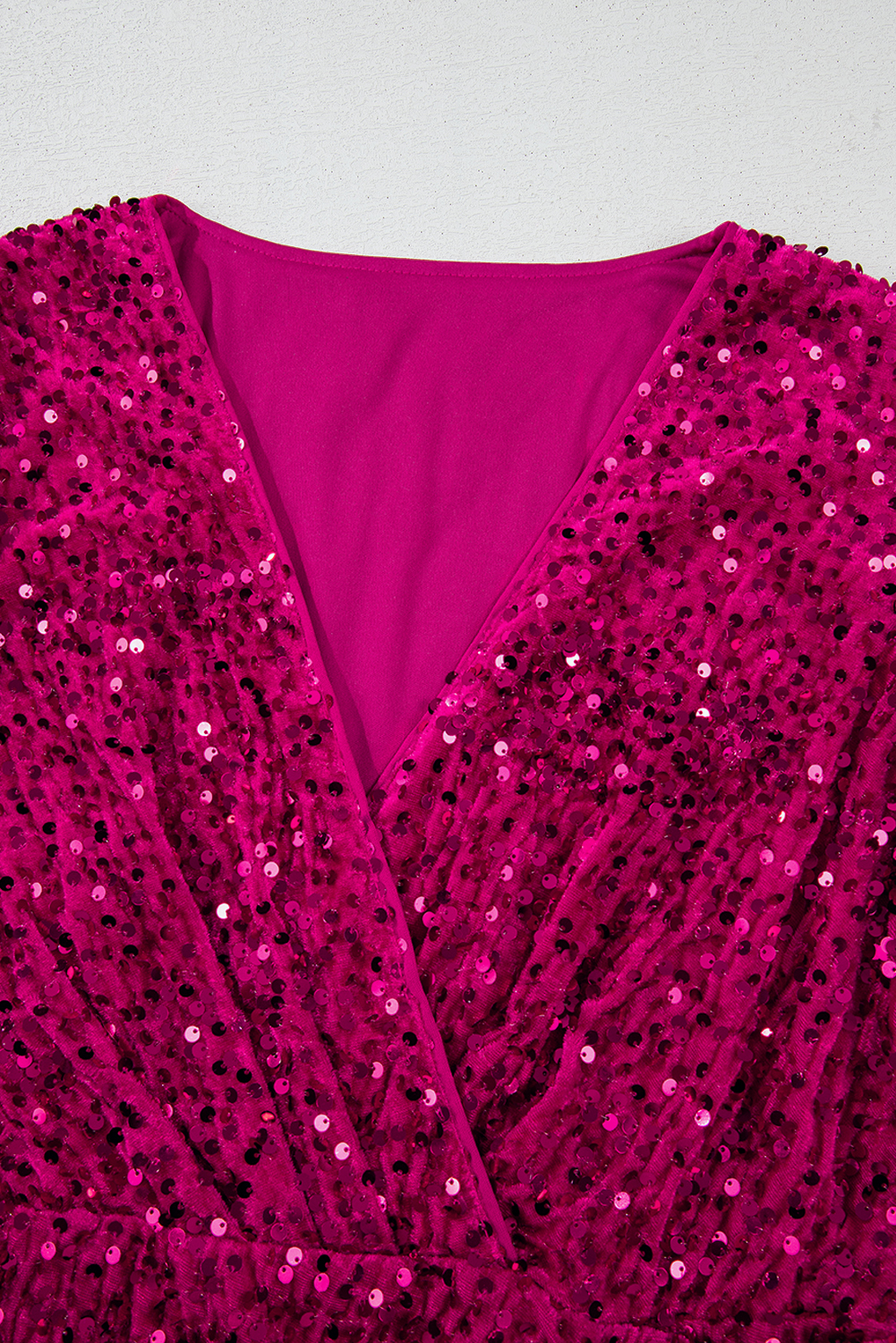 Pitaya Pink Velvet Sequin Long Sleeve V Neck Wrapped Mini Dress