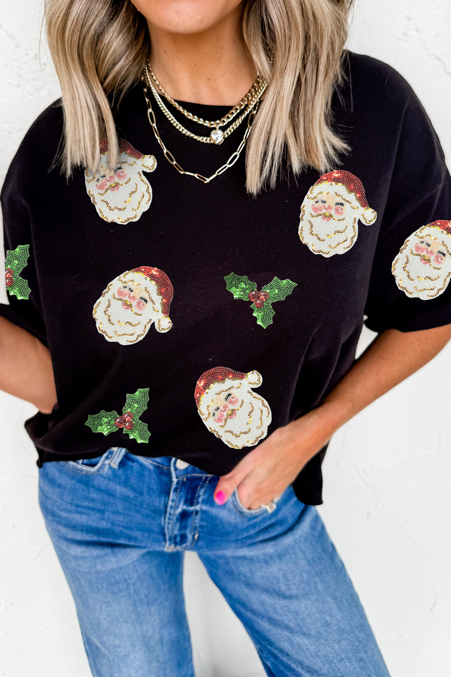 Black Christmas Holly Santa Claus Sequin Patched Graphic Tee