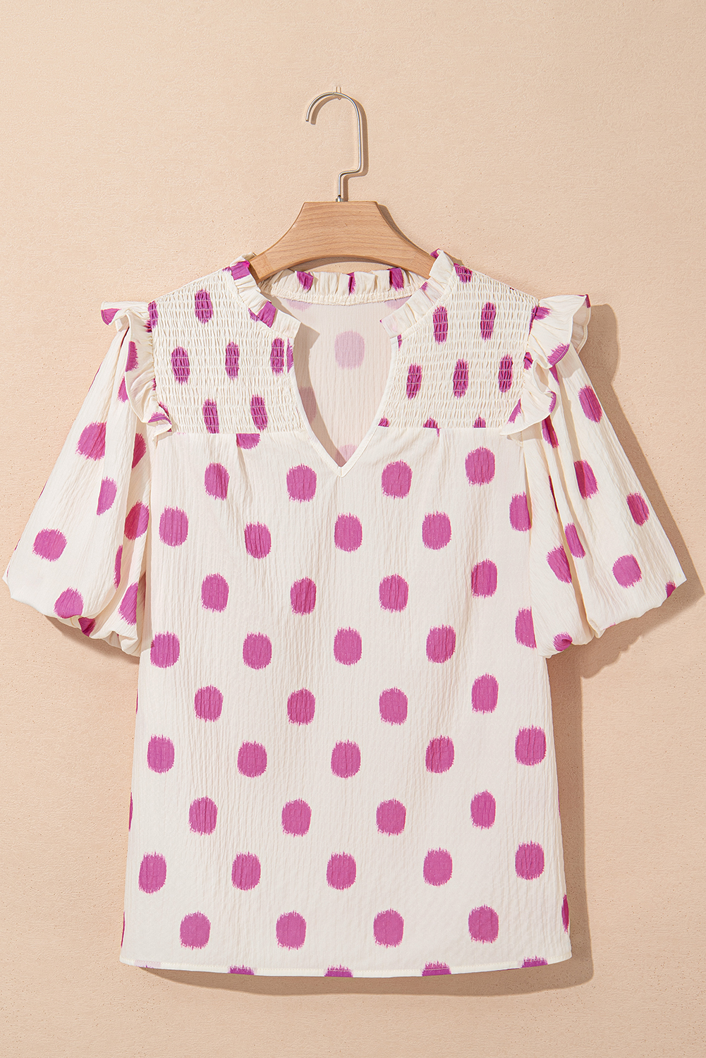 Black Polka Dot Print Shirred Yoke Notched Neck Balloon Sleeve Blouse