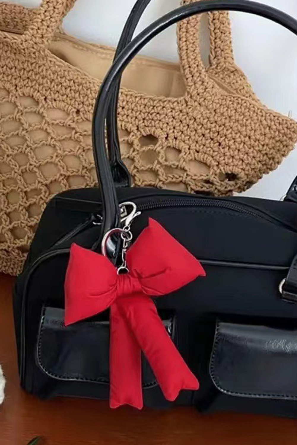 Pink Gingham Puffer Bow Knot Bag Pendant Keychain