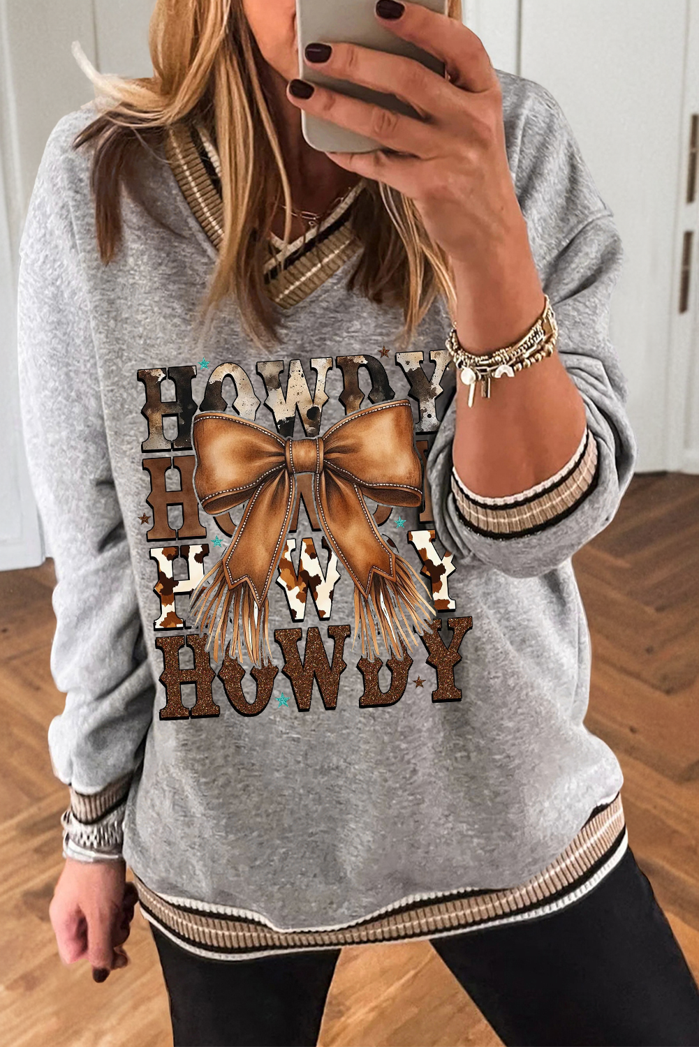 Gray Varsity Contrast Striped Trim V Neck Sweatshirt