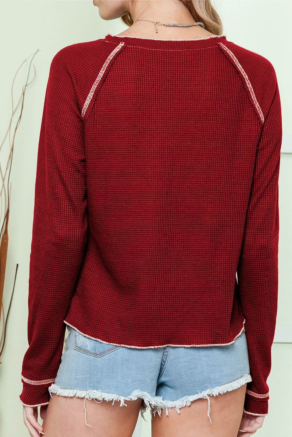 Smoke Gray Textured Round Neck Long Sleeve Top