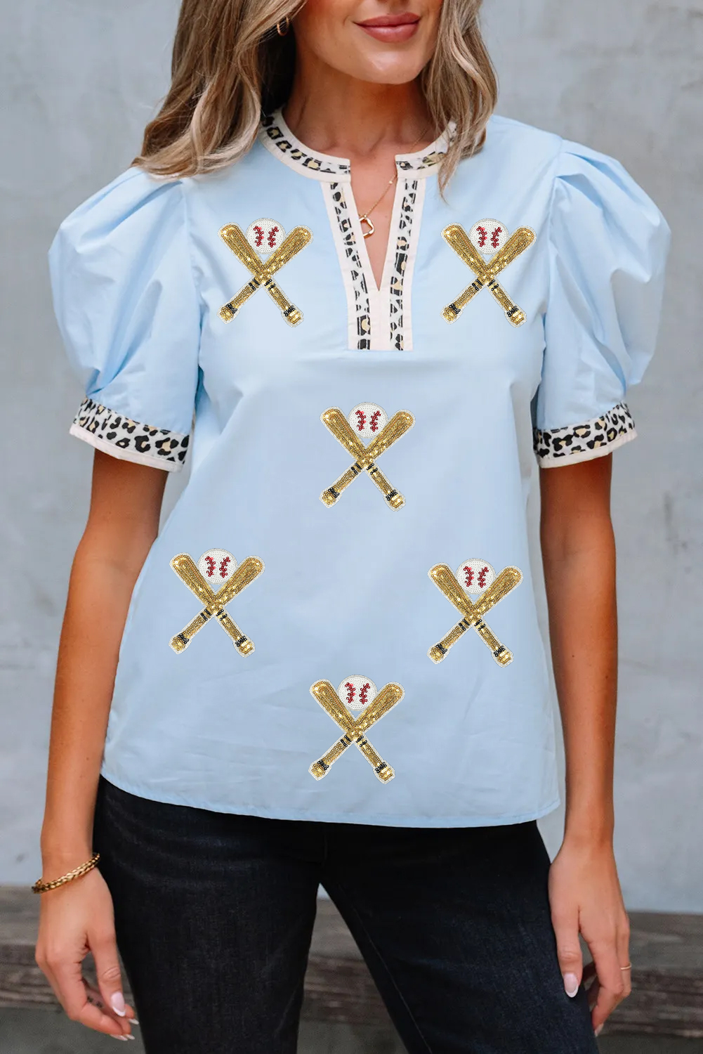 Beau Blue Sequin Baseball Set Contrast Leopard Trim Short Puff Sleeve Blouse