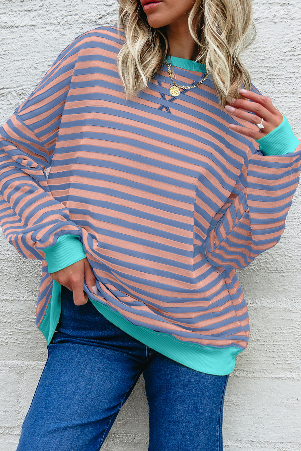 Red Stripe Contrast Ribbed Trim Crossed Stitch Drop Shoulder Sweatshirt
