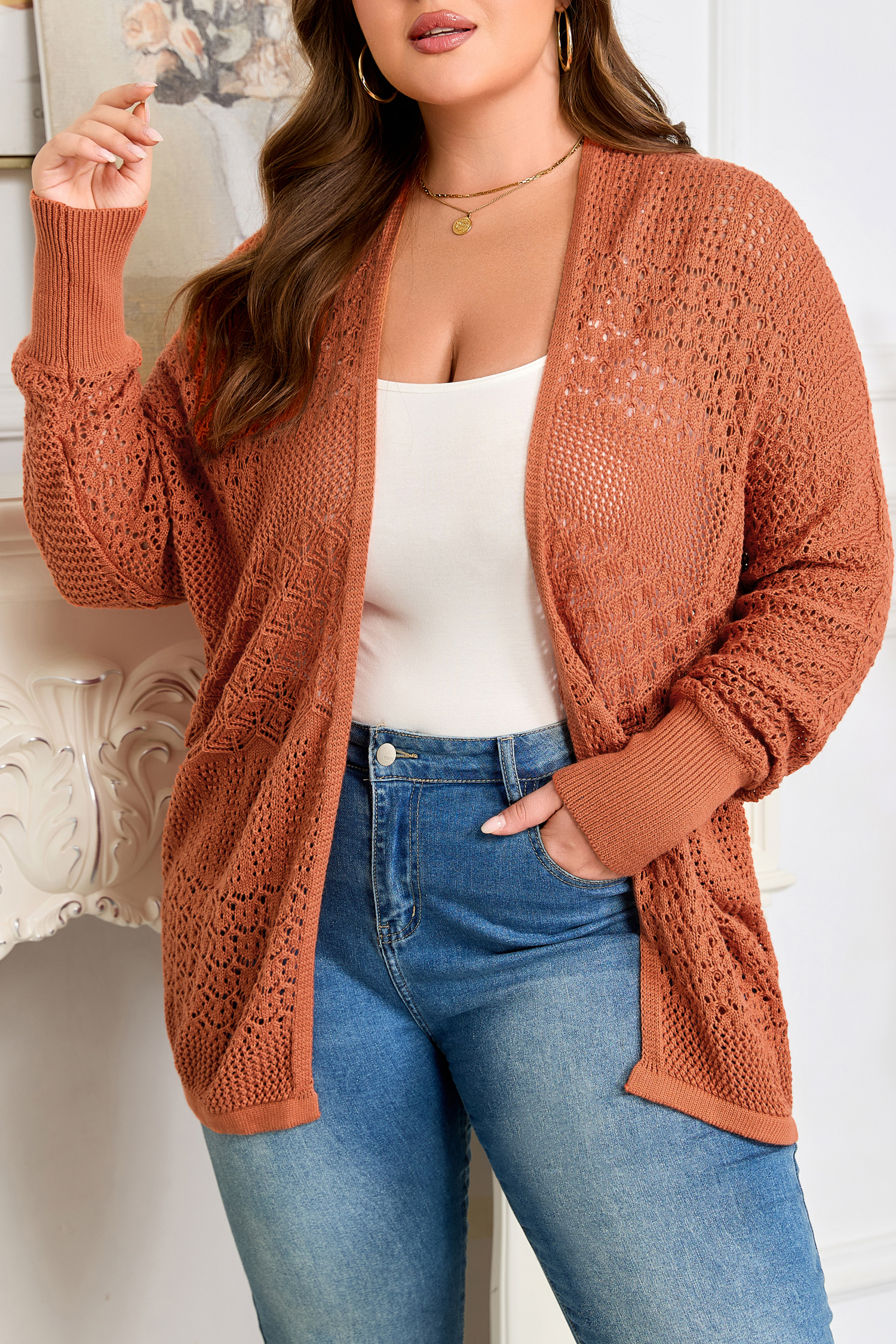 Redwood Burl Mixed Pattern Knitted Open Front Plus Cardigan
