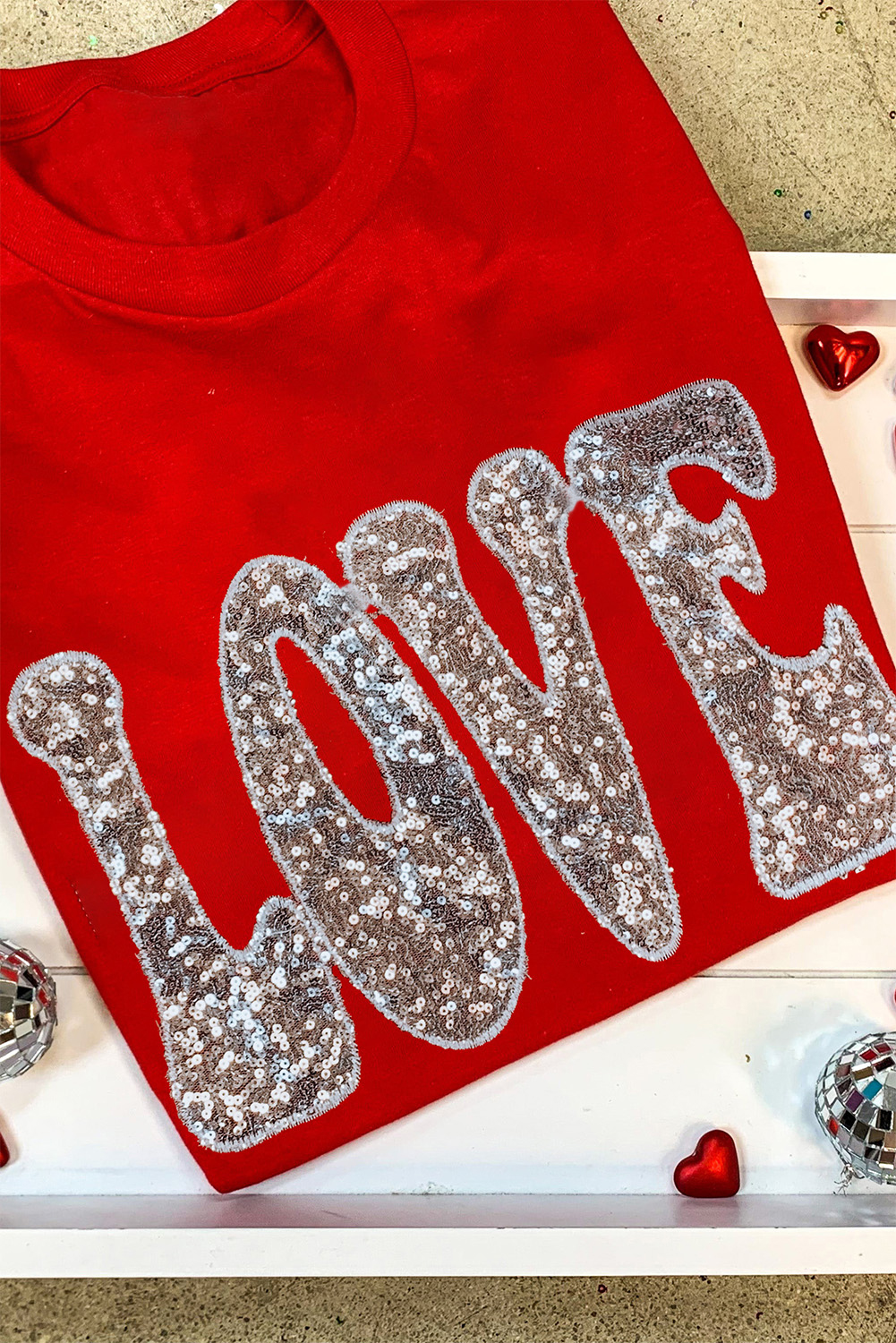 Red Leopard Striped Heart Shaped Print Crew Neck T Shirt