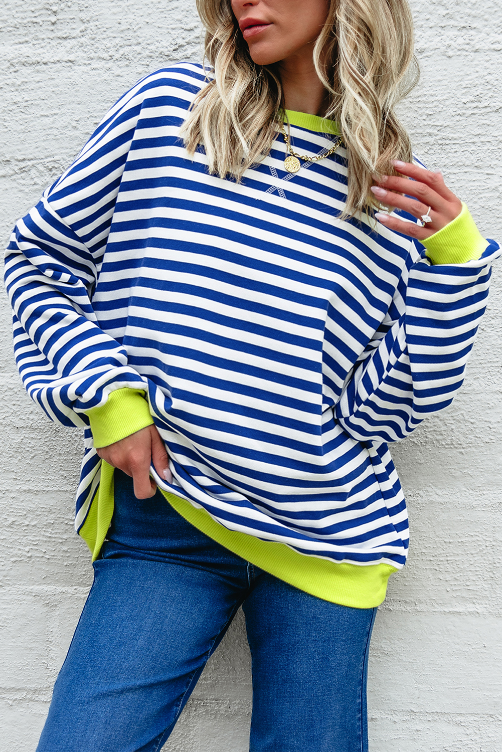 Red Stripe Contrast Ribbed Trim Crossed Stitch Drop Shoulder Sweatshirt