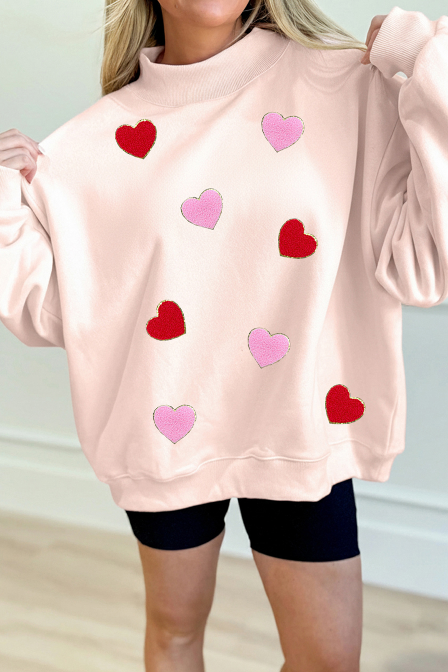 Apricot Pink Cowgirl Element Embroidered Detail Mock Neck Sweatshirt