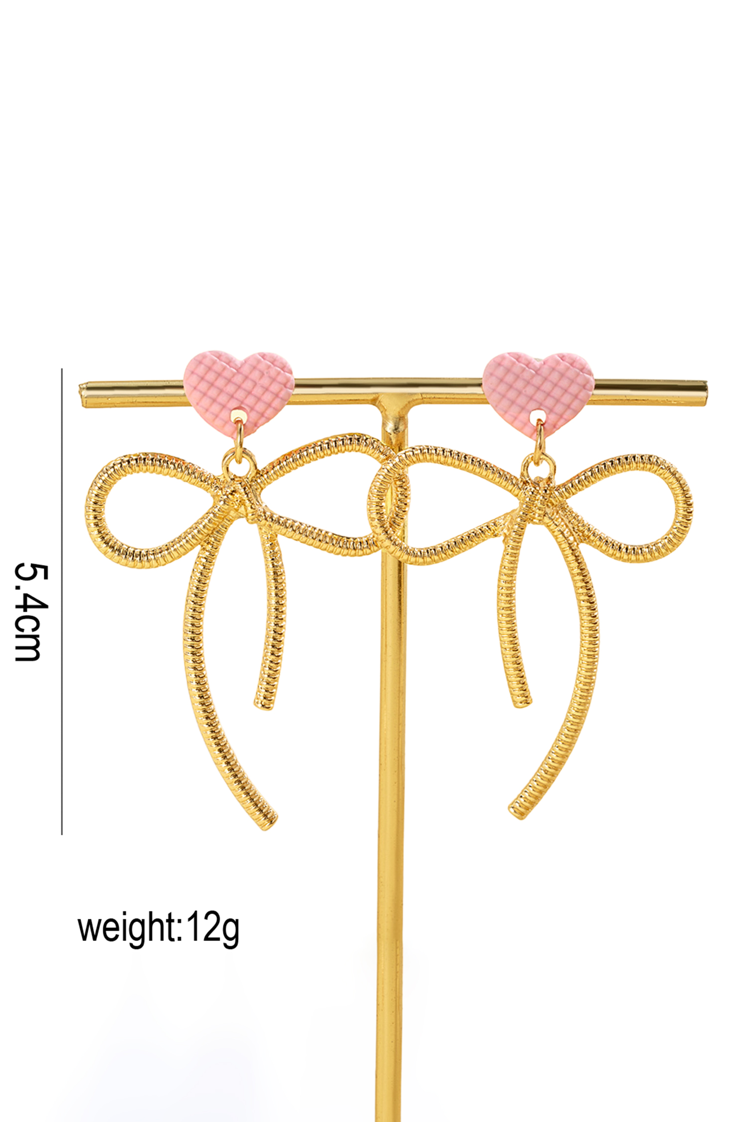 Pink Waffled Heart Stud Gold Plated Bow Dangle Earrings