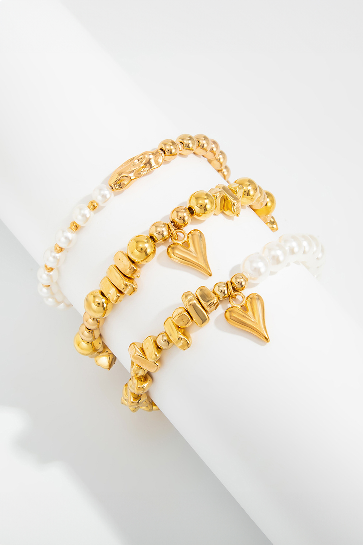 Gold 3pcs Irregular Beads Pearl Detail Bracelet Set