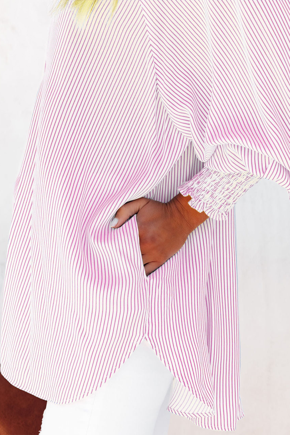 Red Stripe Smocked Cuffed Striped Boyfriend Shirt with Pocket
