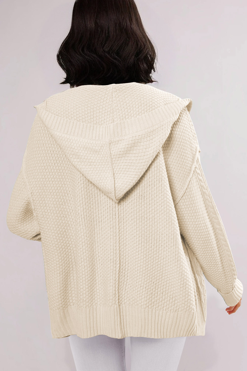 White Cable Knit Texture Uneven Hem Hooded Chic Cardigan