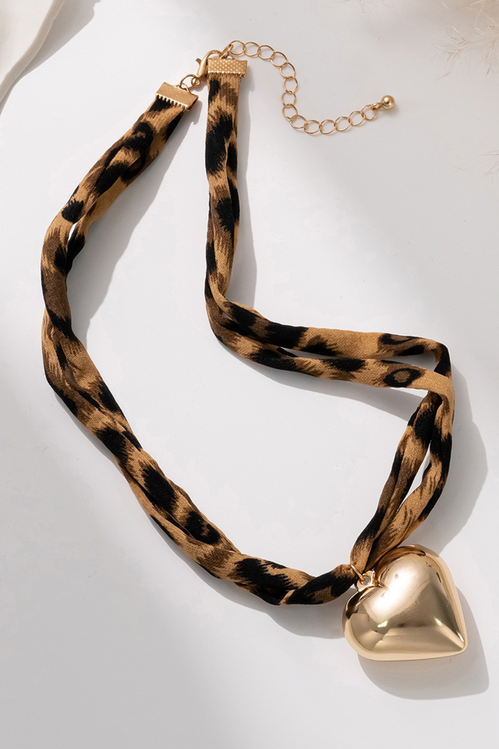 Gold Puffy Heart Charm Leopard Scarf Necklace
