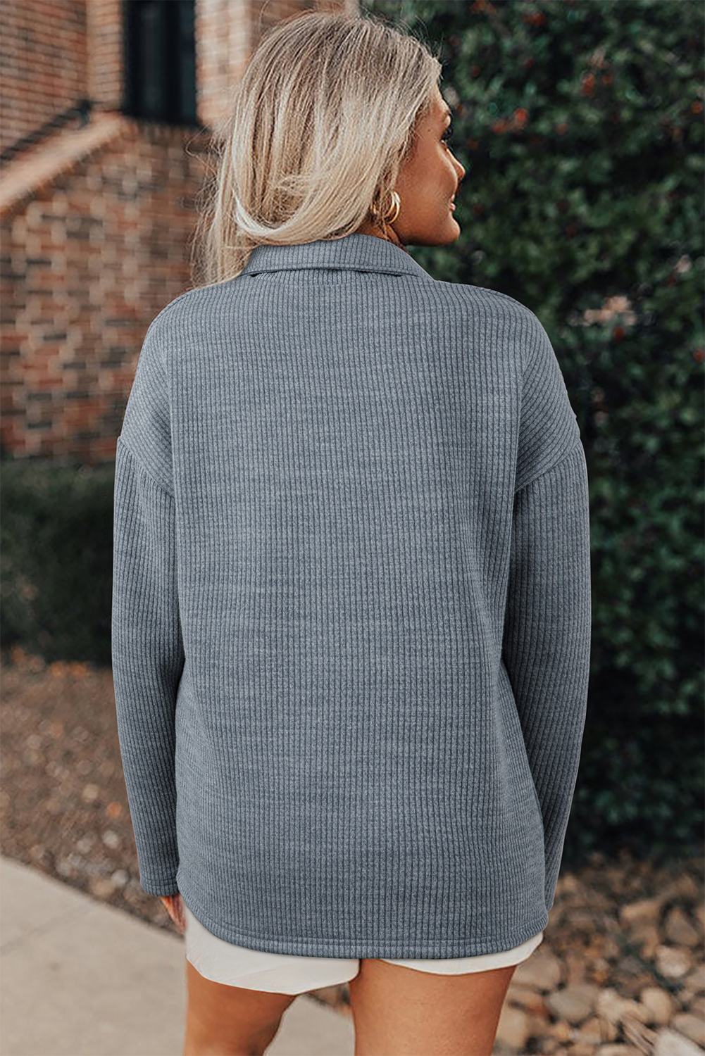 Medium Grey Ribbed Knit Buttons Front Flap Pocket Casual Shacket