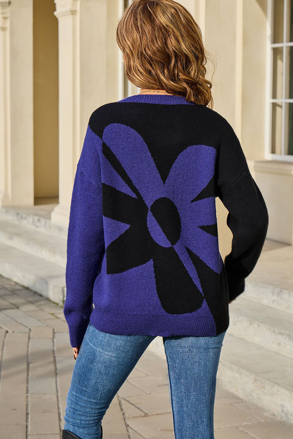 Black 2-tone Contrast Flower Pattern Drop Shoulder Bulk Sweater