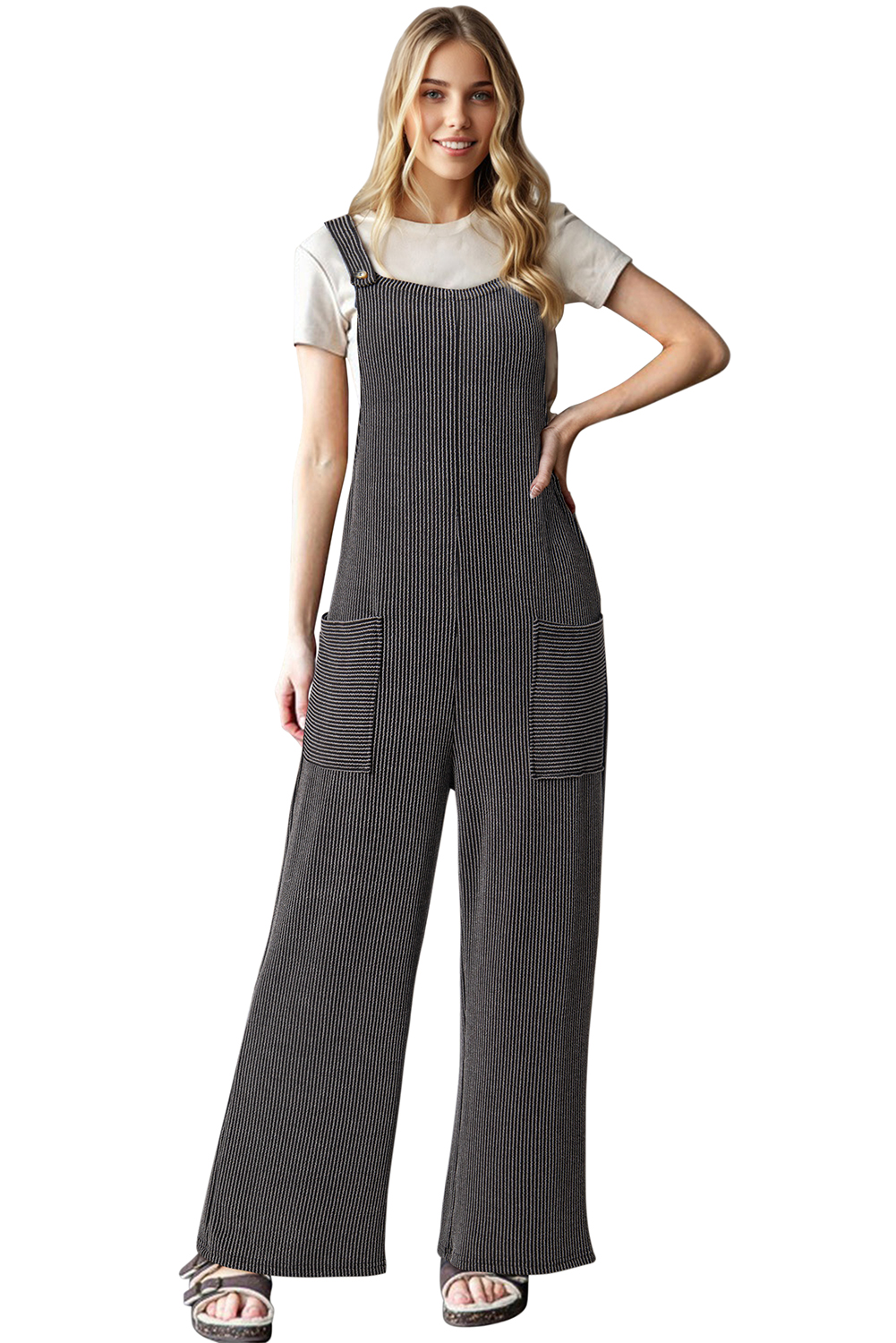 Dark Grey Ribbed Knit Patched Pocket Wide Leg Overalls