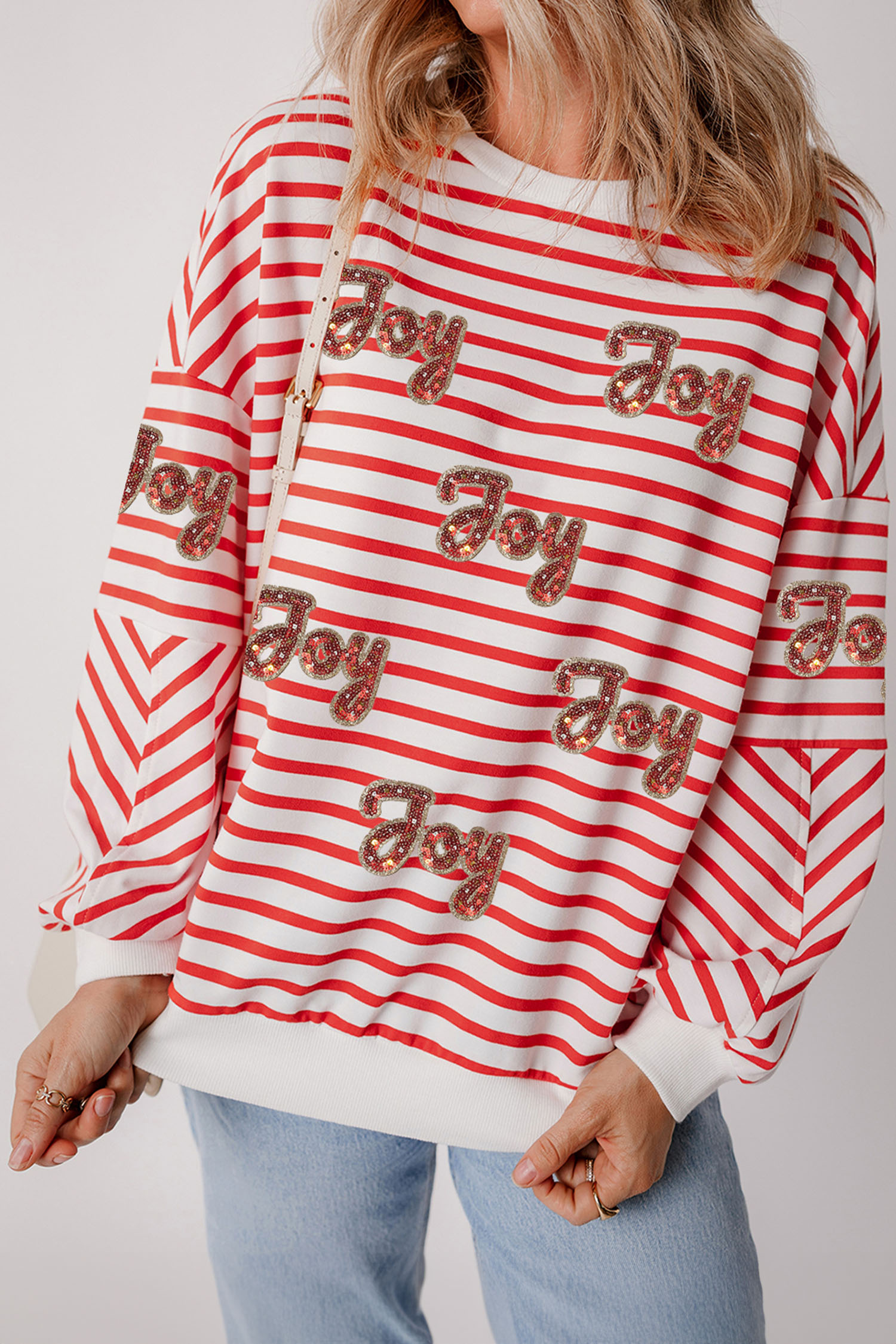 Orange Stripe Sequined Joy Pattern Patchwork Sleeve Round Neck Sweatshirt