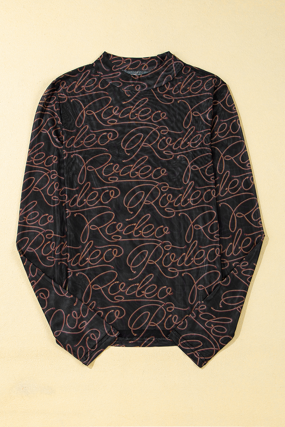 Brown Rodeo Print Round Neck Slim Fit Mesh T Shirt