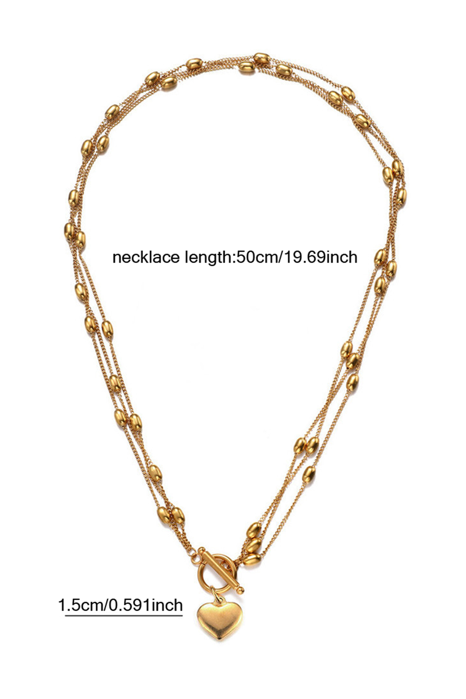 Gold Heart Toggle Charm Beaded Chain Triple Layered Necklace