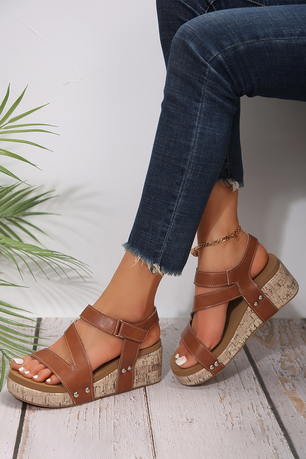 Light Blue Hollow Out Velcro Leather Wedge Sandals