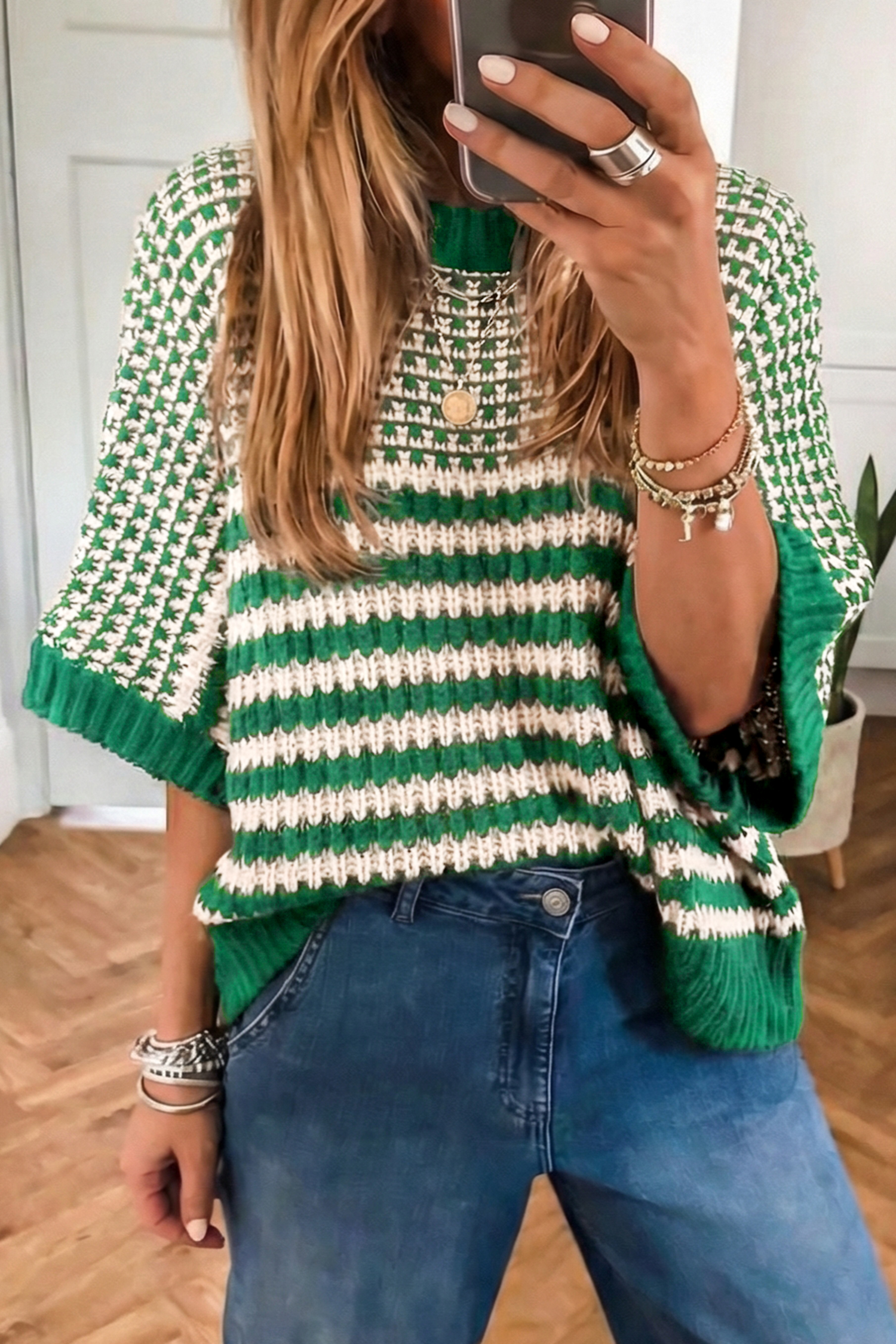 Black Stripe 3/4 Draped Sleeve Slouchy Sweater