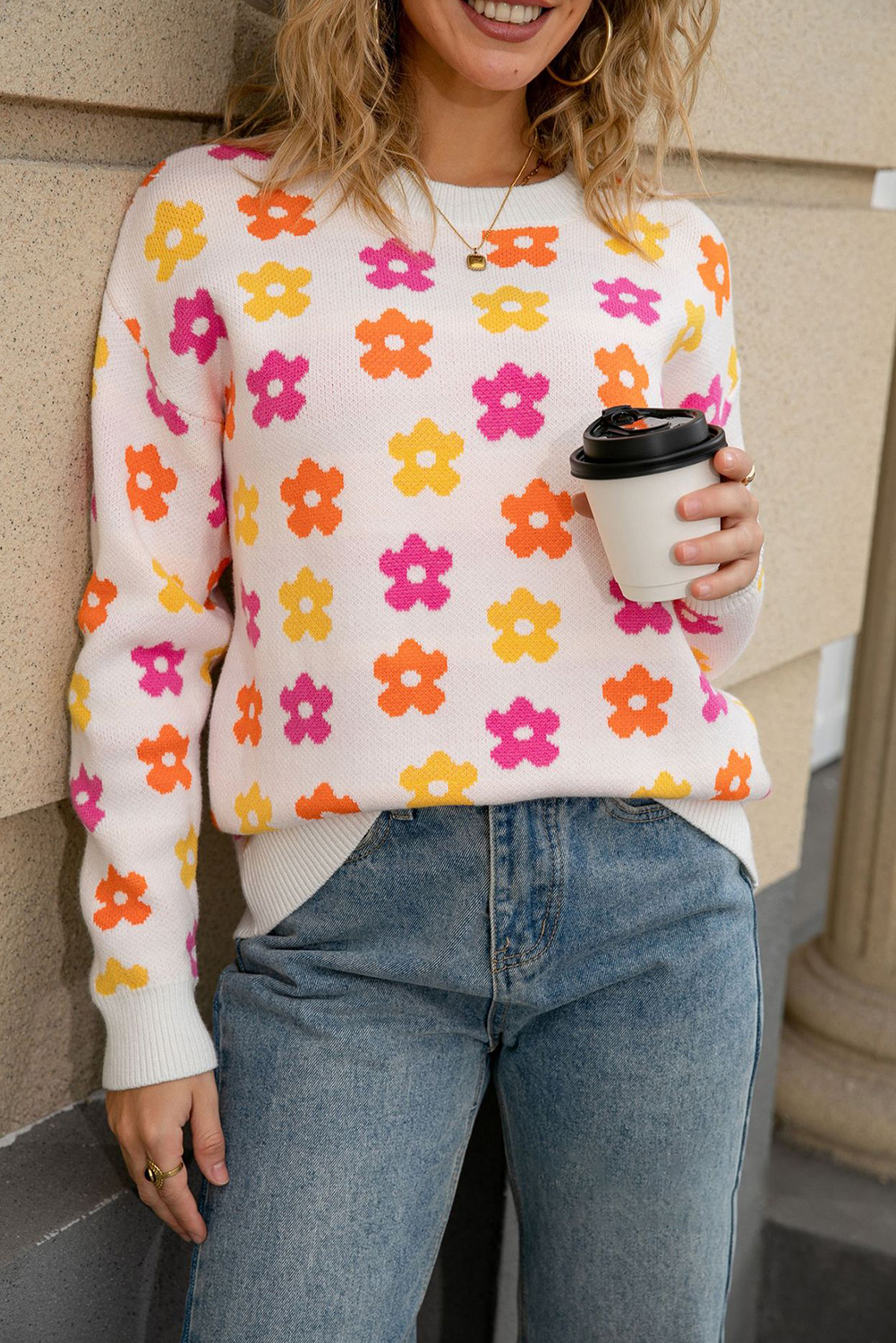 Apricot Cute Flower Allover Ribbed Trimmed Drop Shoulder Pullover Sweater