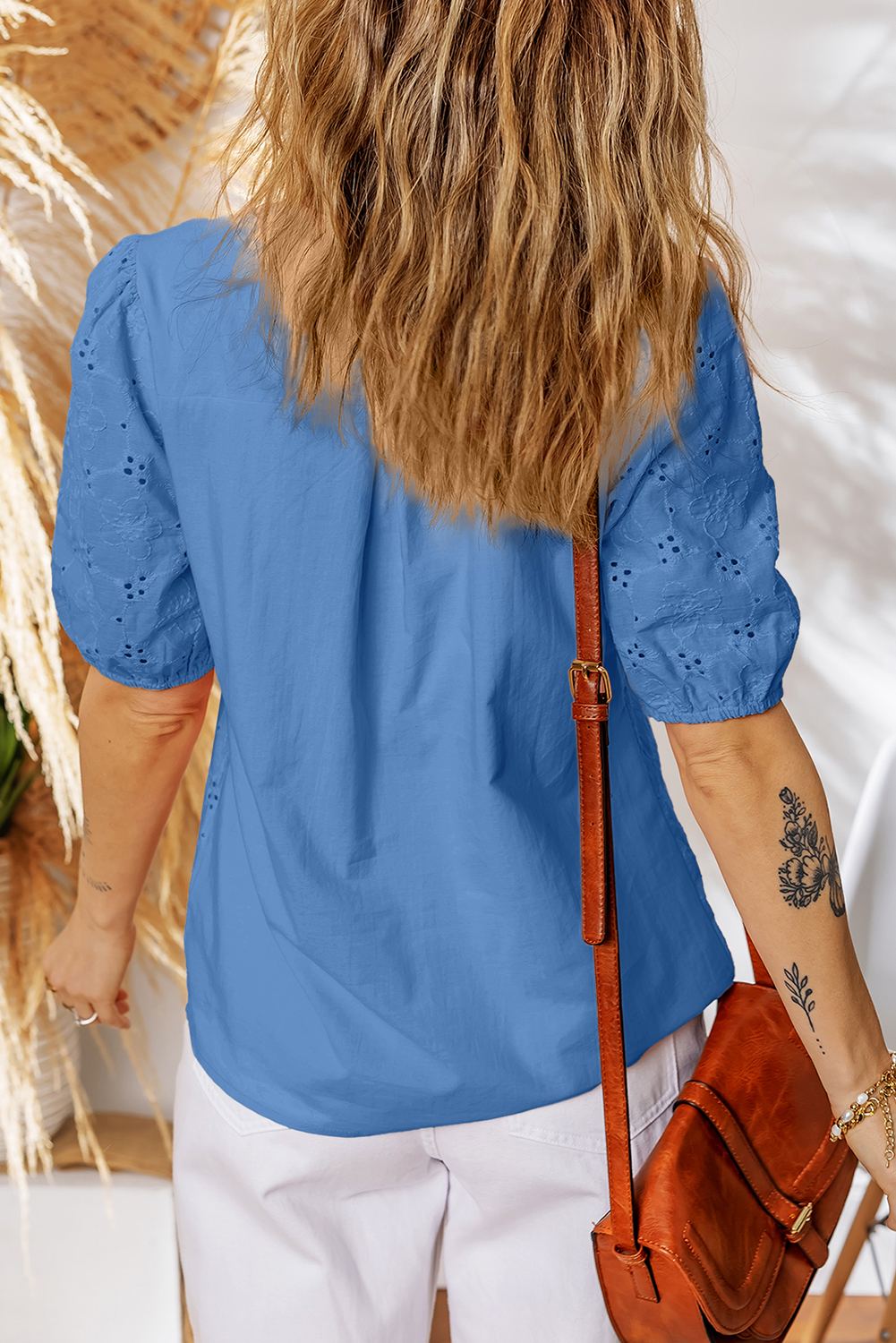 Vineyard Green Lace Crochet V Neck Half Sleeve Embroidery Button Down Blouses Casual Shirts