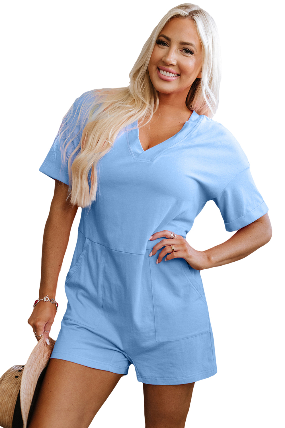 Bonbon Loose Half Sleeve V Neck Knit Romper
